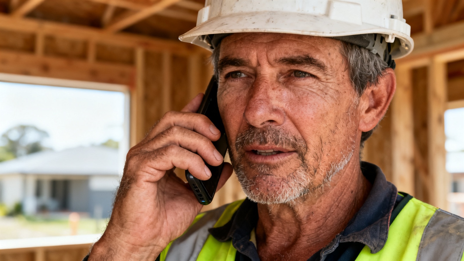 Tradie answering a phone call on a building site