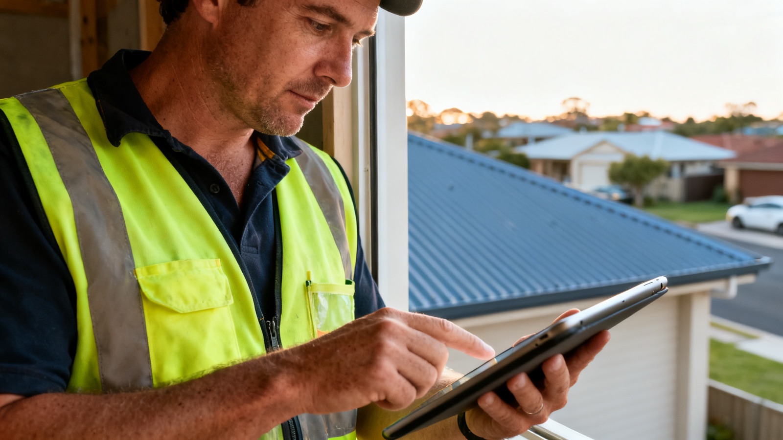 Australian tradie in high-visibility vest reviewing a tablet at a residential job site