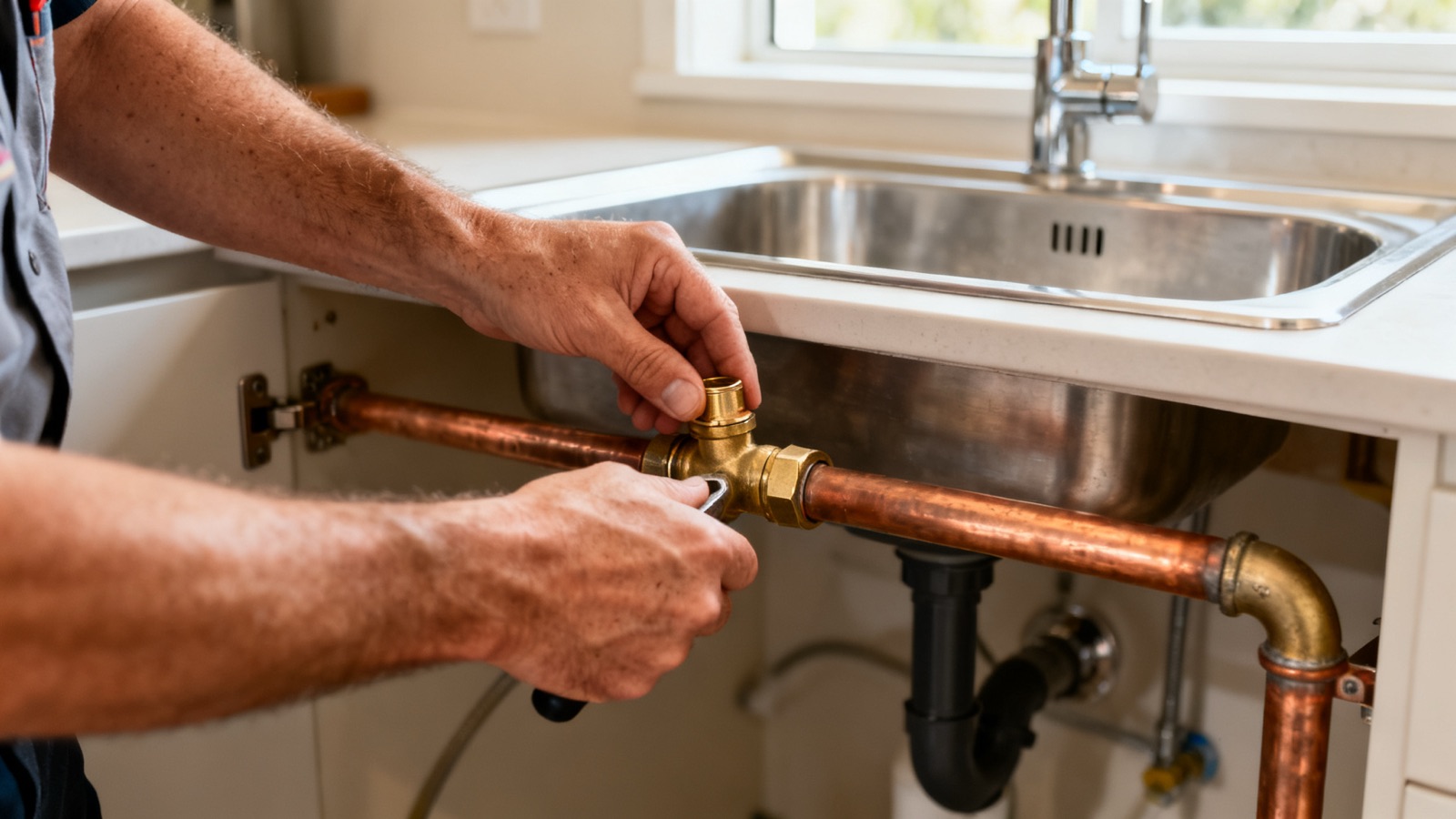 A plumber's hands connecting copper pipework under a kitchen sink