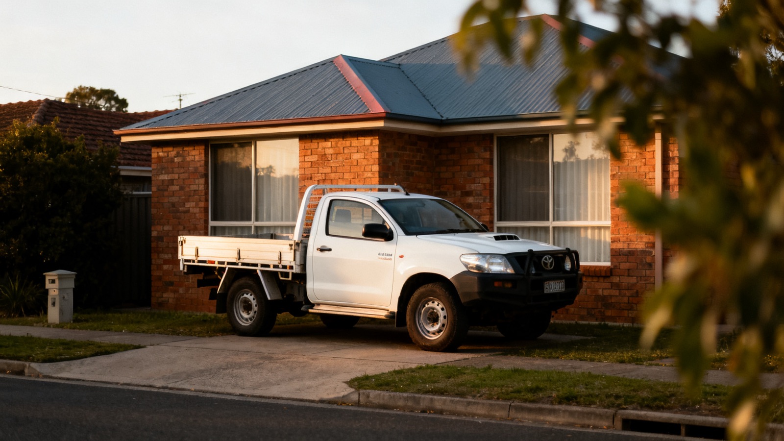 A work ute parked outside an Australian brick home