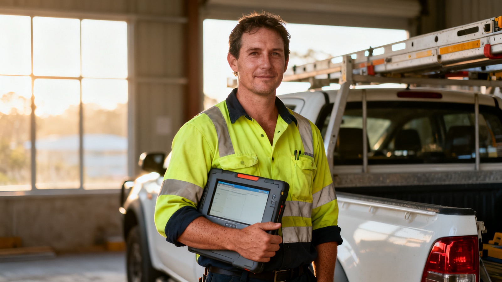 A tradesperson by a work ute reviewing an SMS conversation on a phone