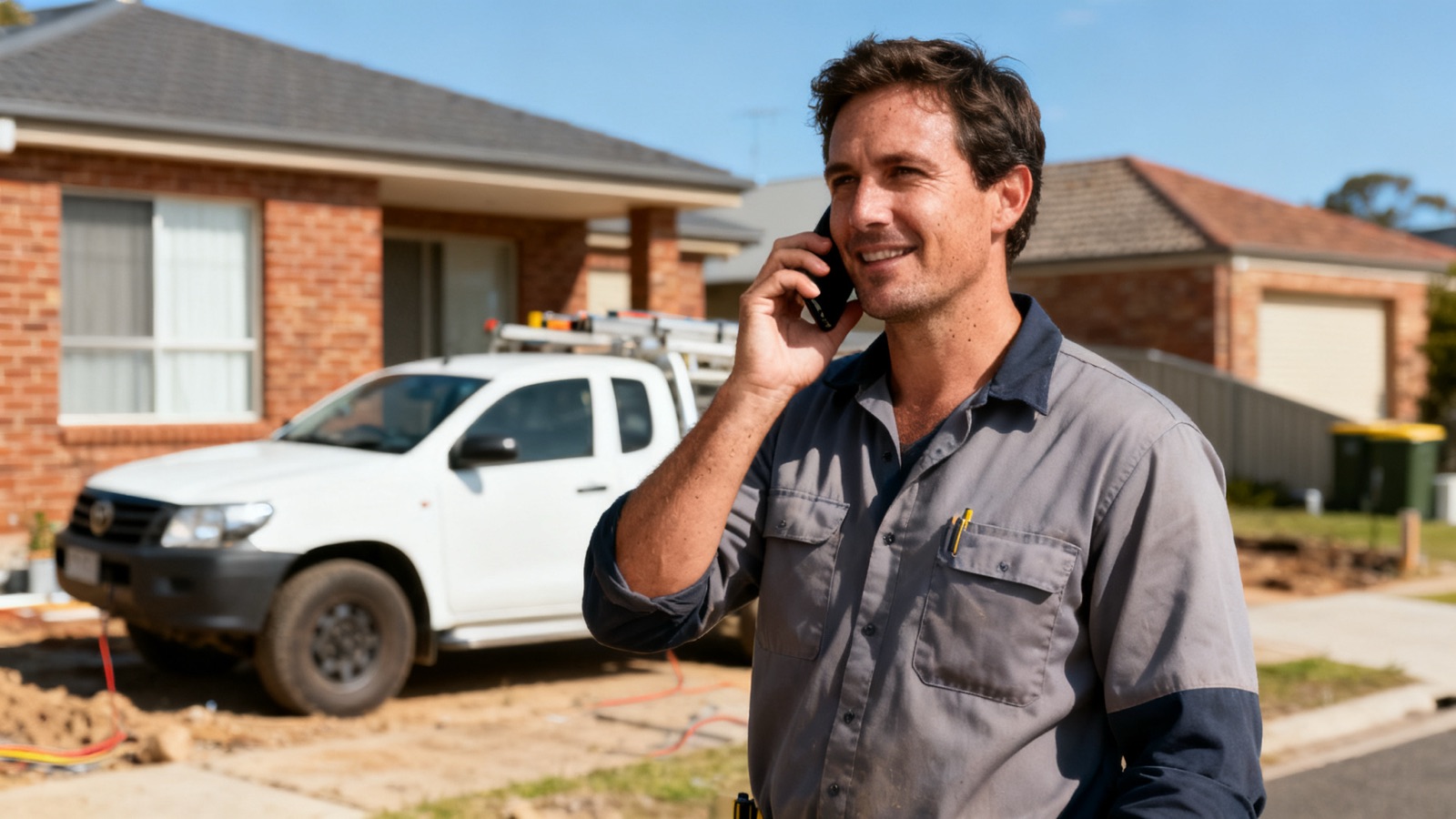 An Australian electrician on a suburban job site holding a phone to their ear, with a plain unmarked white ute parked behind them