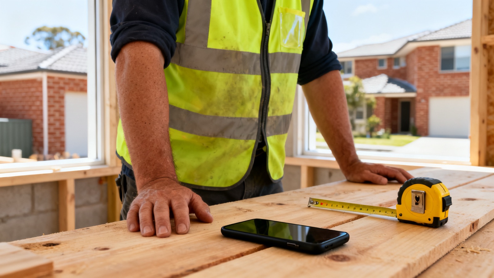 An Australian tradesperson in high-visibility workwear standing beside a workbench on a building site with a phone face-down on the timber surface