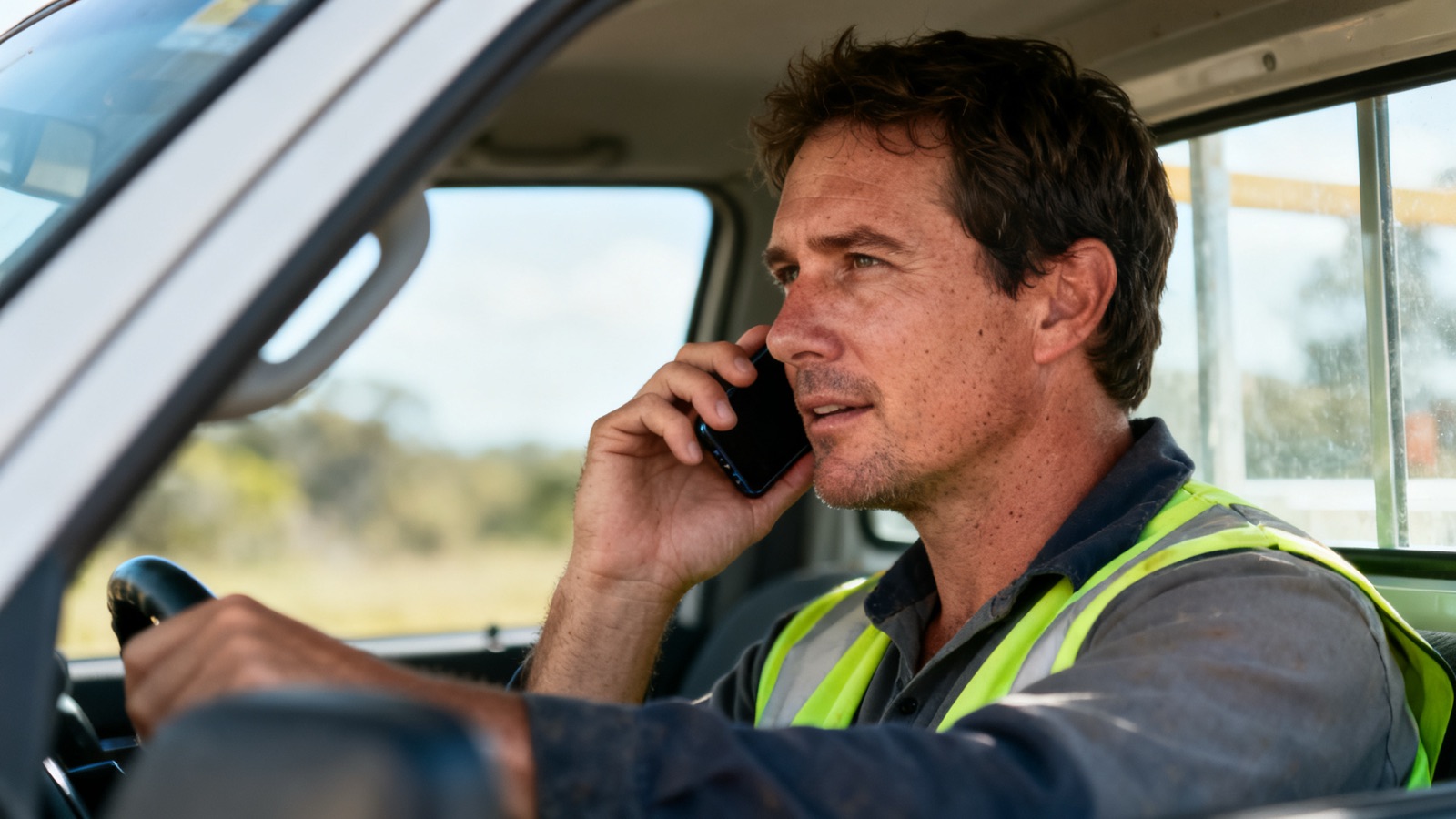 An Australian tradesperson taking a phone call in their work ute