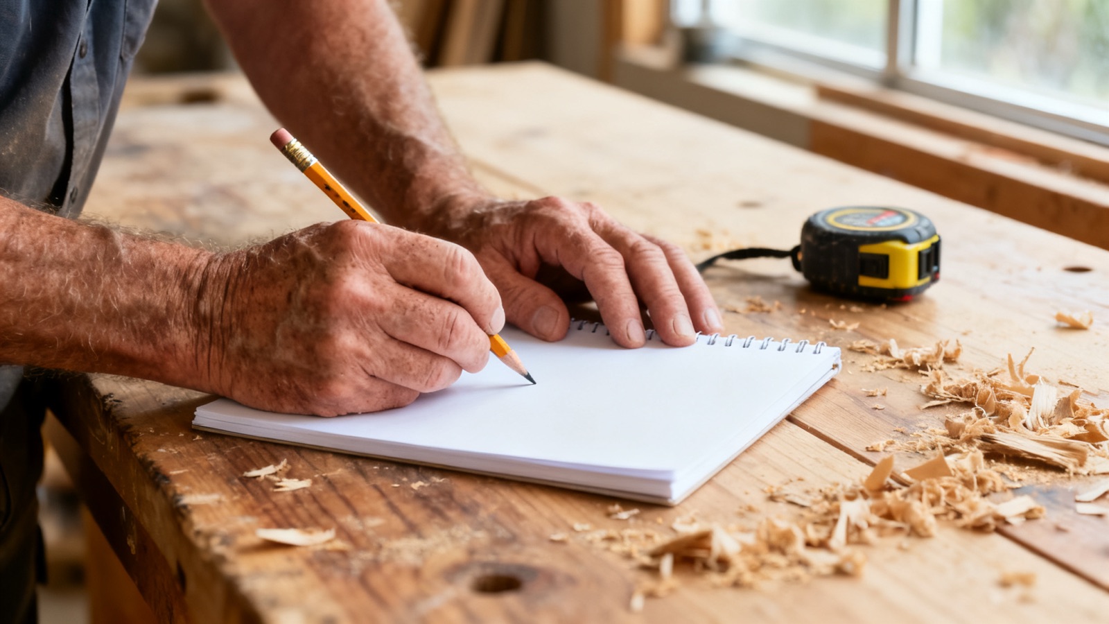 Close-up of a tradesperson's hands writing measurements on a blank notepad at a worksite