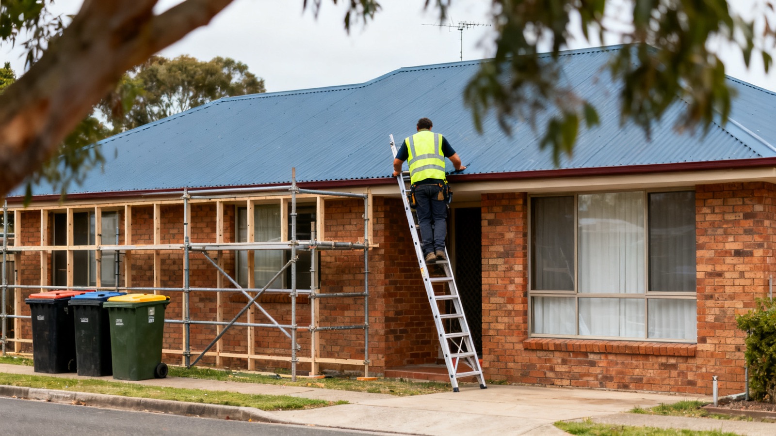 A roofer climbing a ladder to a suburban Australian roof with scaffold framing
