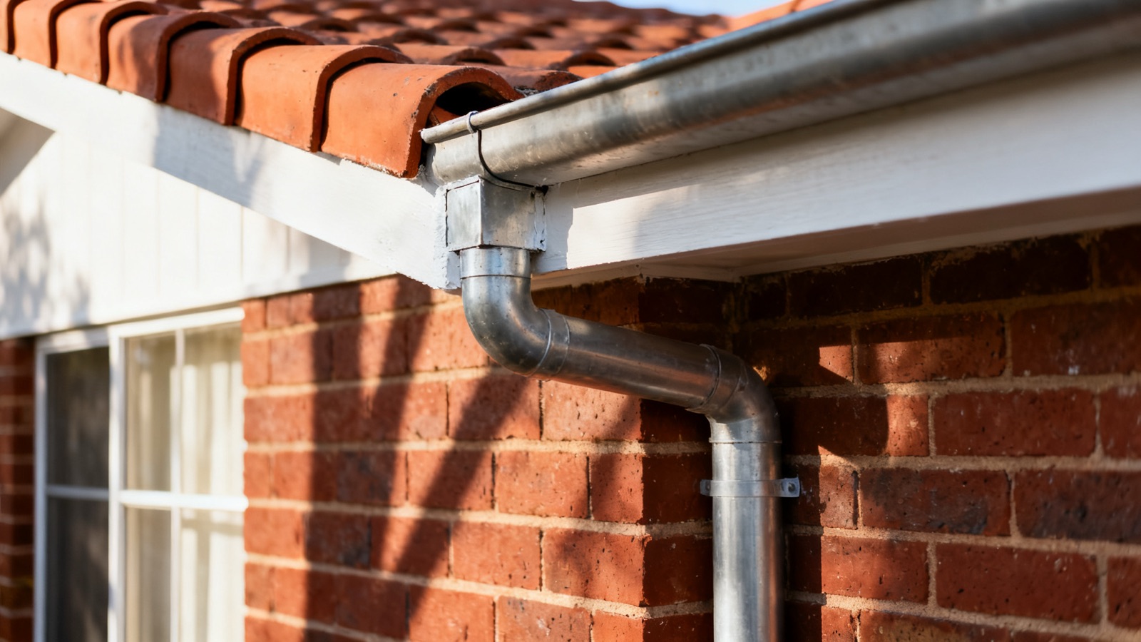 Metal gutter and downpipe junction on an Australian brick house