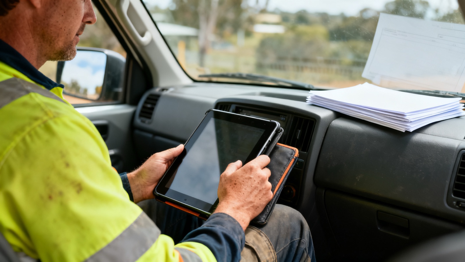 A tradesperson in hi-vis holding a tablet in a work ute, paperwork on the dashboard