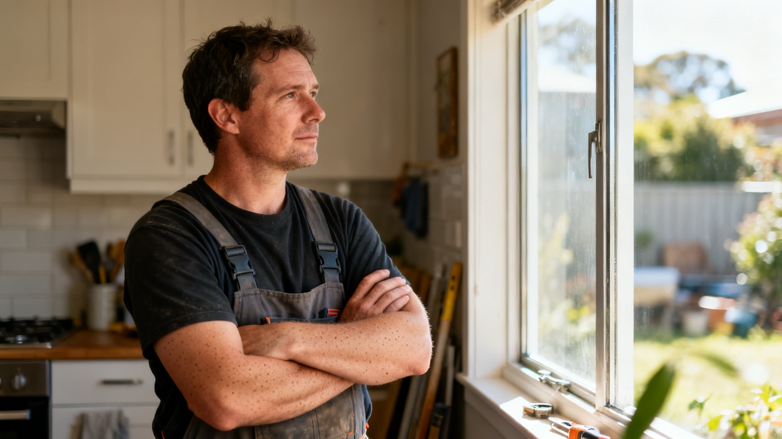 An Australian tradesperson standing thoughtfully in their kitchen in the morning