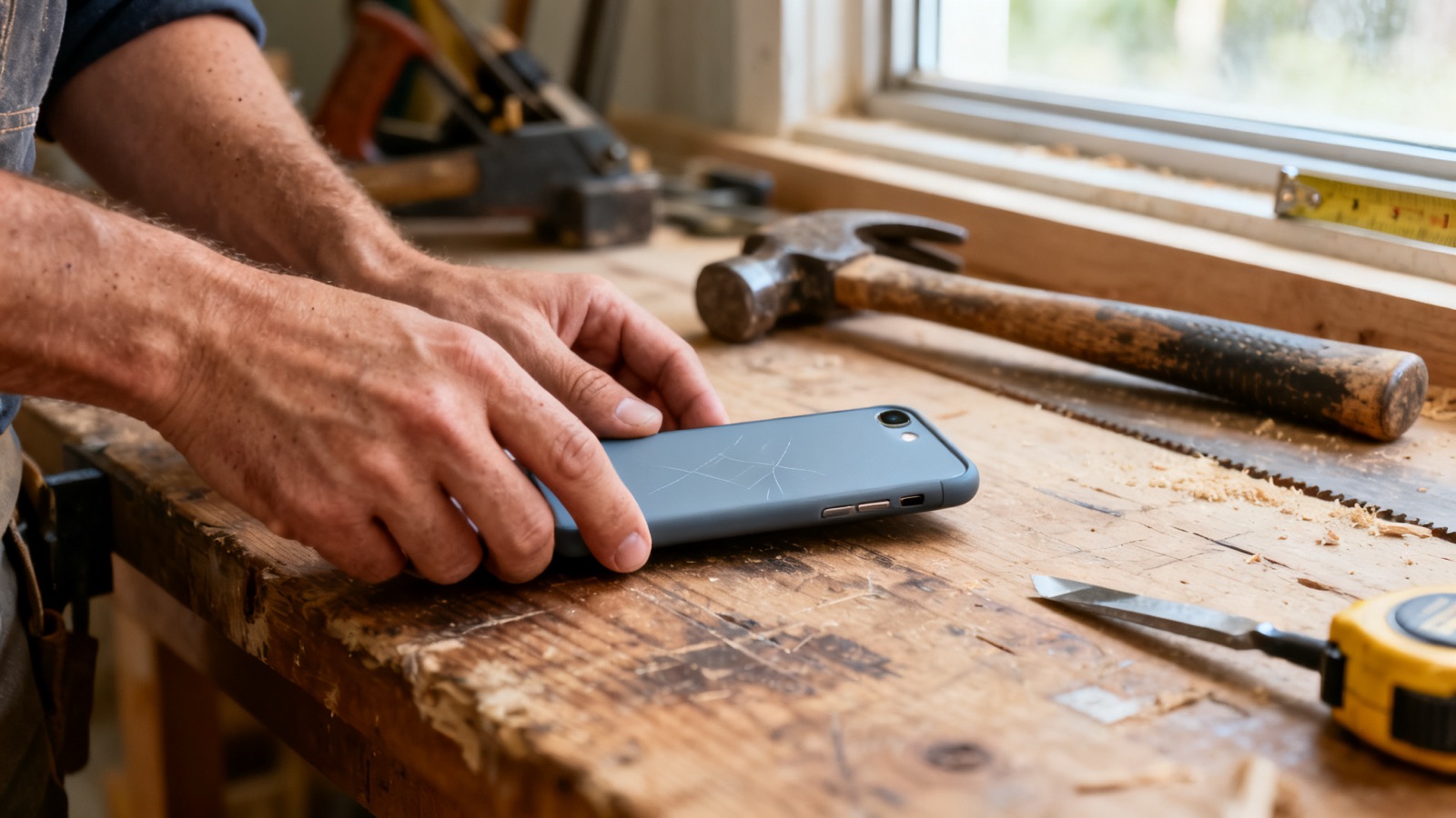 A tradesperson's hands resting a phone face-down beside tools on a workbench