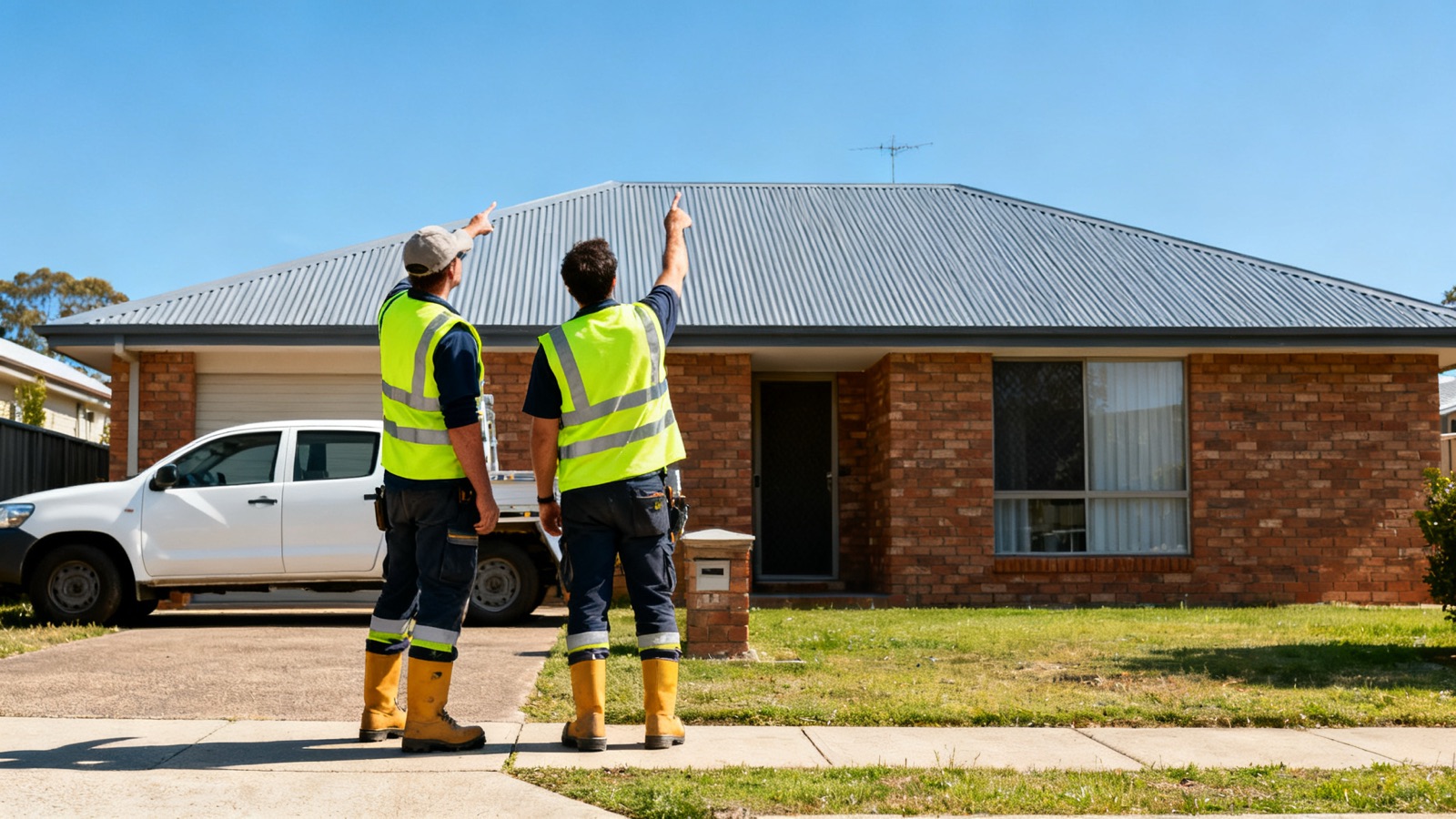 Tradies discussing completed roofing work at an Australian home