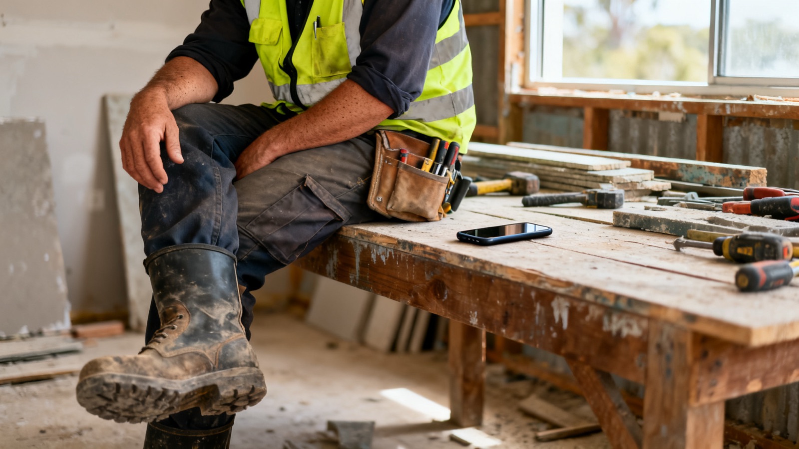 Australian tradie inspecting completed plumbing work under a house in a suburban setting