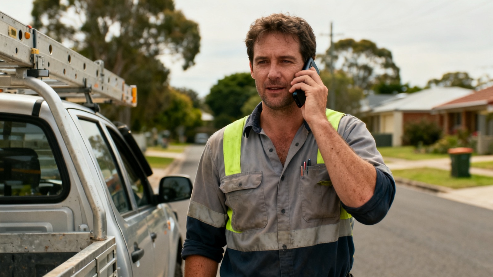 An Australian tradesperson taking a phone call beside their work ute