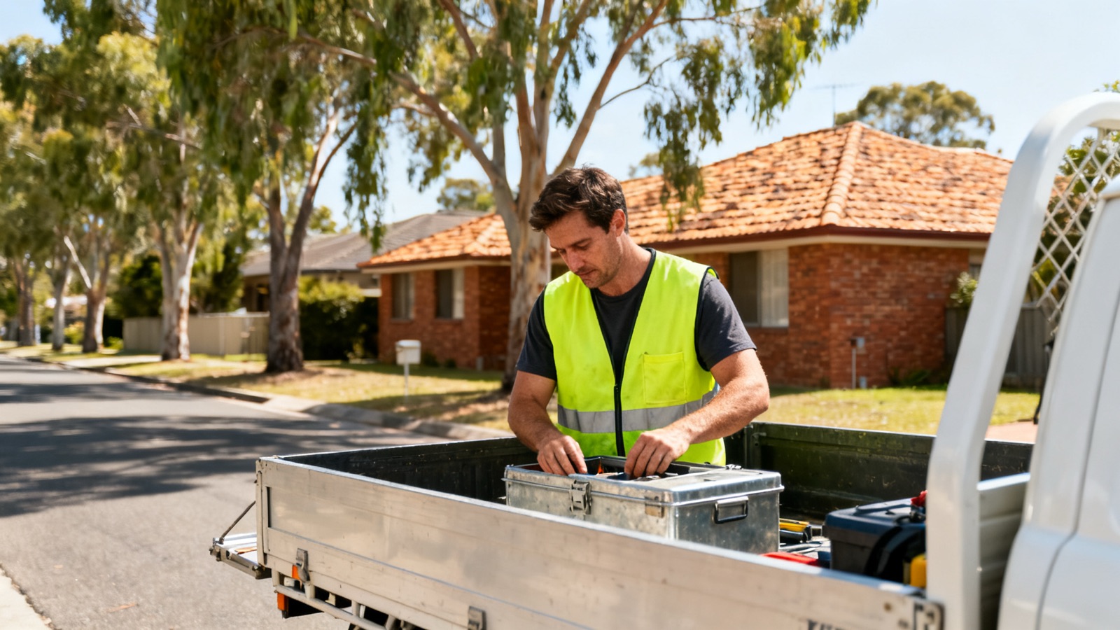 Tradie reaching into a toolbox on the back of a work ute in an Australian suburban street