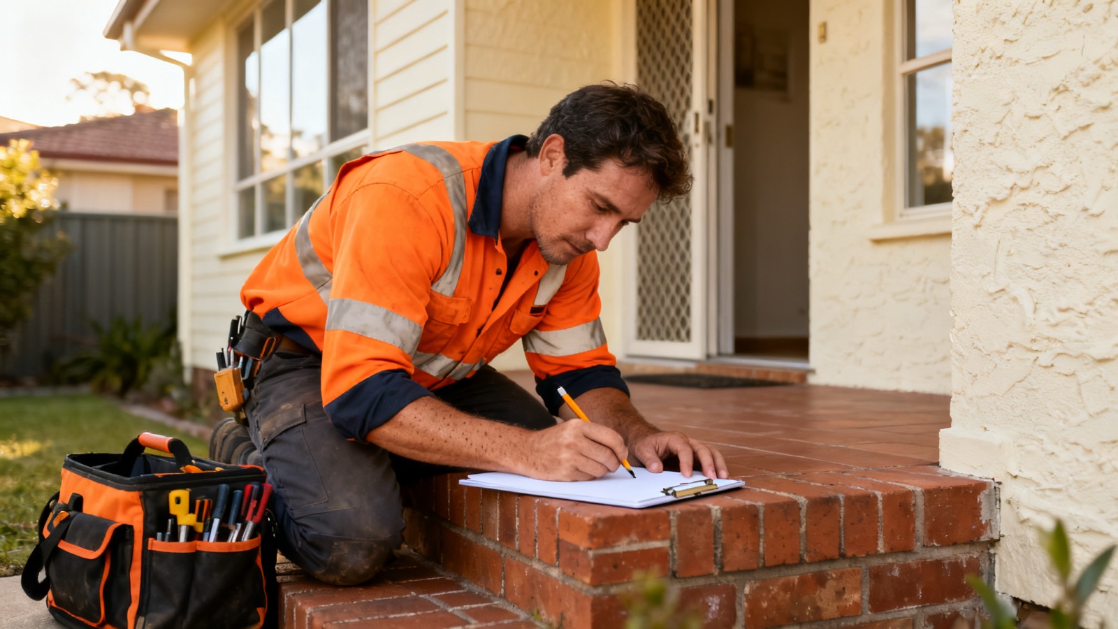 Tradie writing on a clipboard at the front door of an Australian home