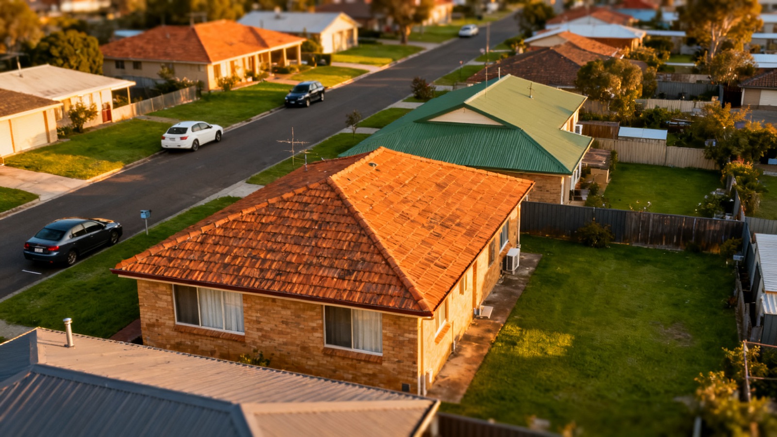 Aerial view of an Australian suburban neighbourhood with terracotta and Colorbond rooftops