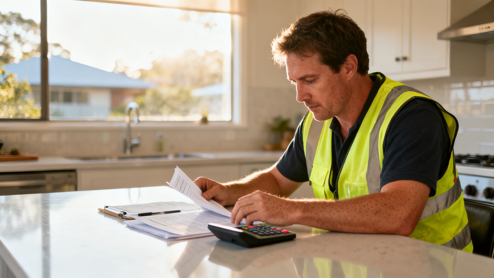 An Australian tradesperson reviewing job costs at a kitchen bench