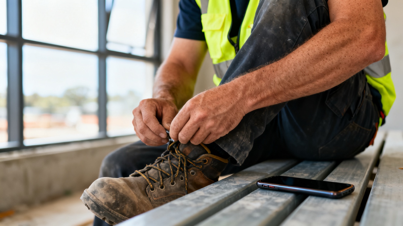 Tradesperson in high-vis vest tying work boots on a bench at an Australian construction site