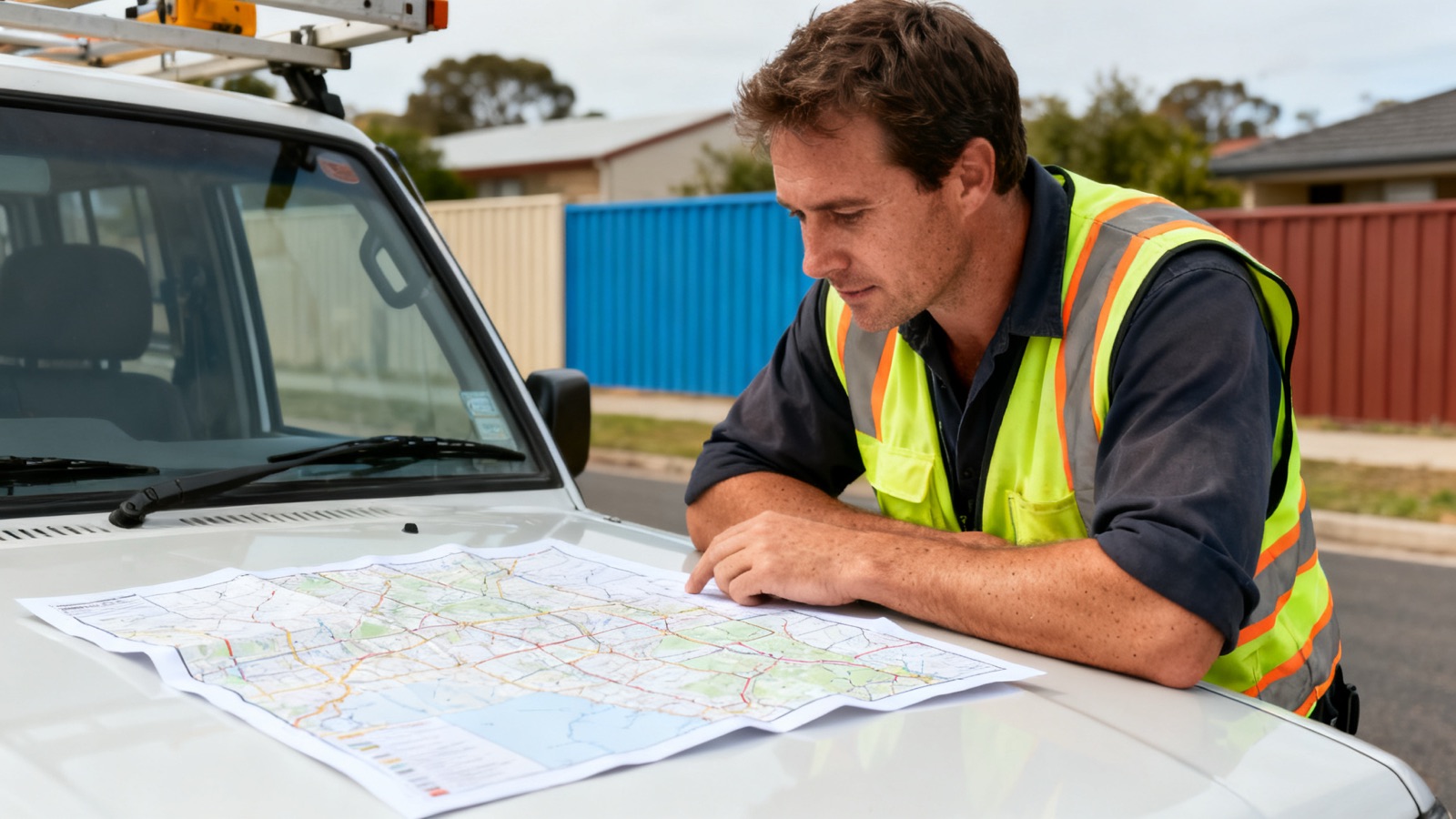 Tradesperson reviewing a map on the bonnet of a work vehicle in an Australian street