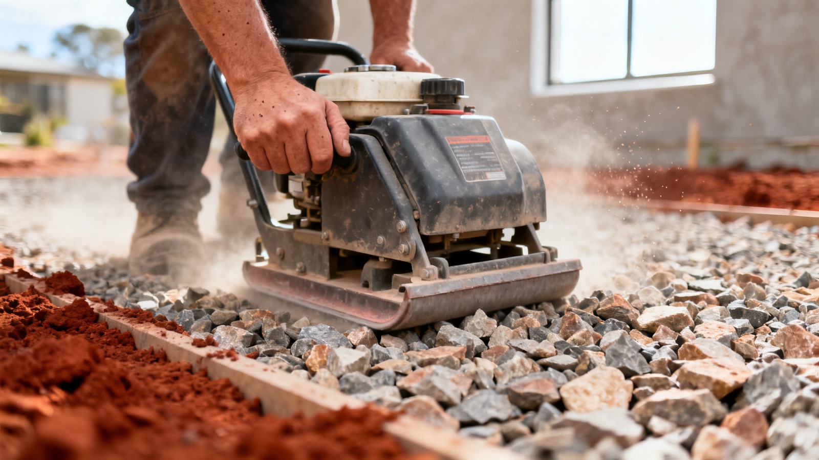 Plate compactor on crushed rock base at an Australian residential slab site
