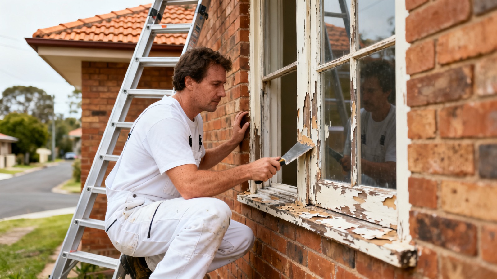 Painter scraping peeling paint from a timber window frame on an Australian brick home