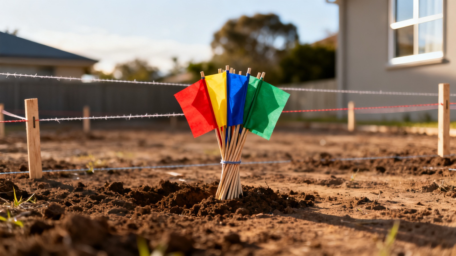 Coloured utility marker flags in bare soil on an Australian building site