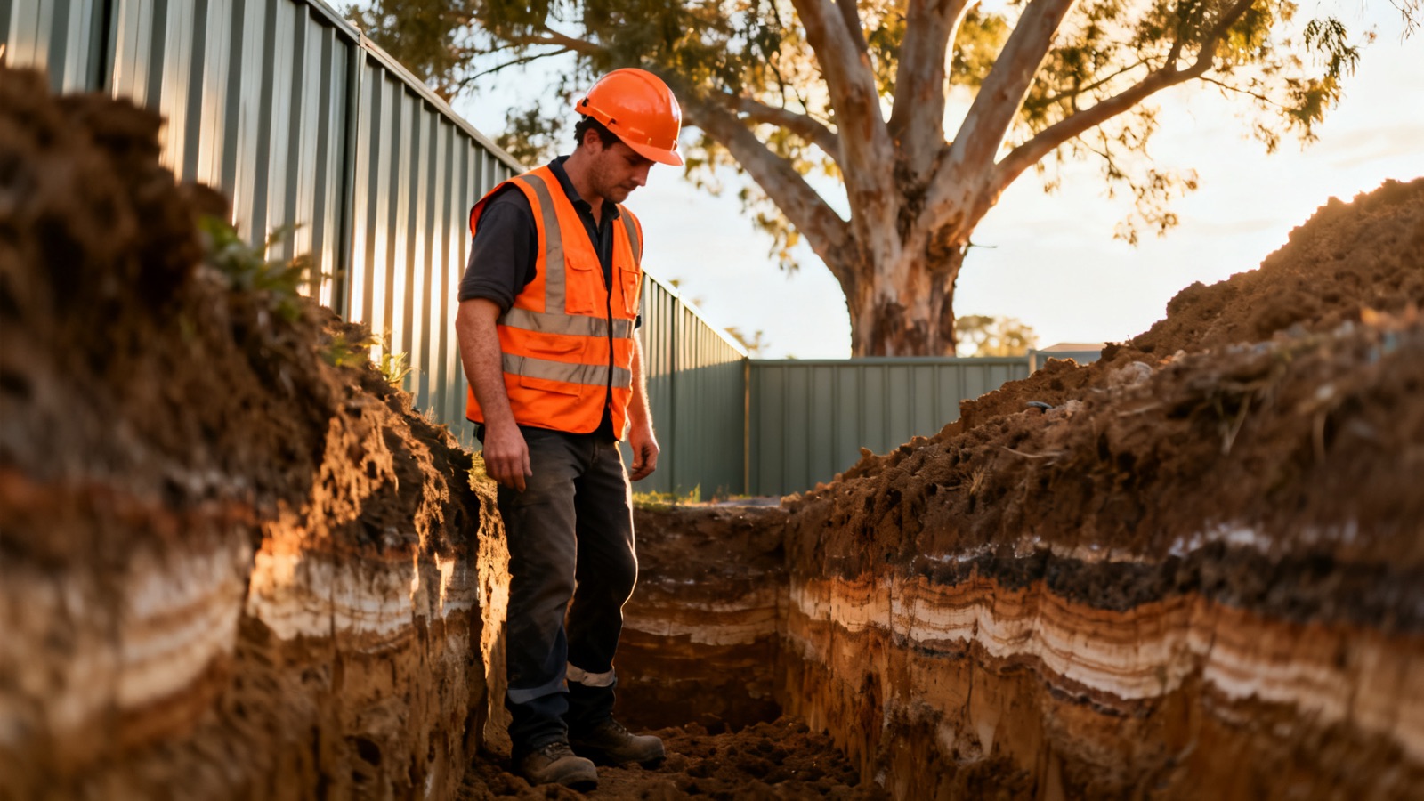 A tradie inspecting a trench on an Australian suburban building site