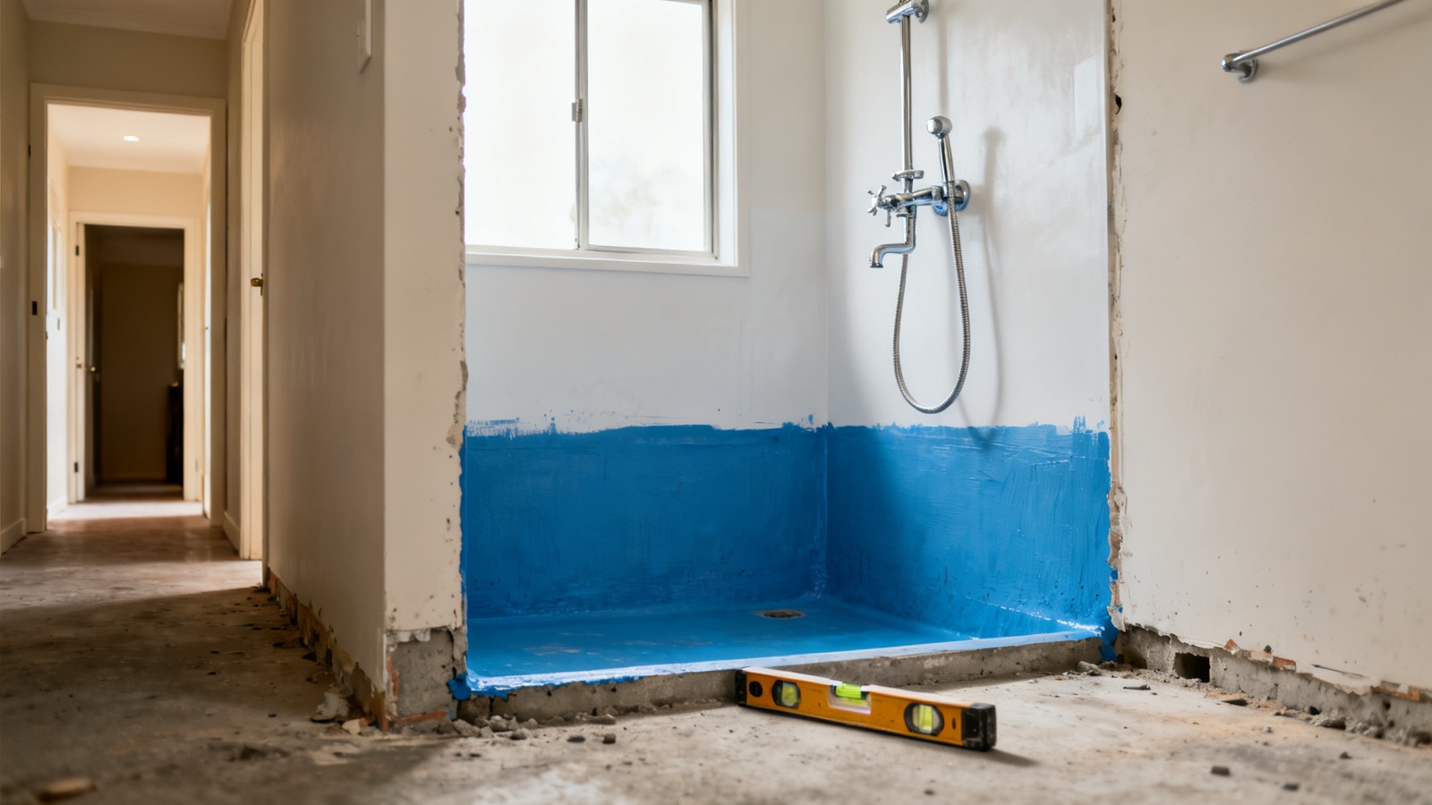 Bathroom mid-renovation showing blue waterproofing membrane on shower walls and floor