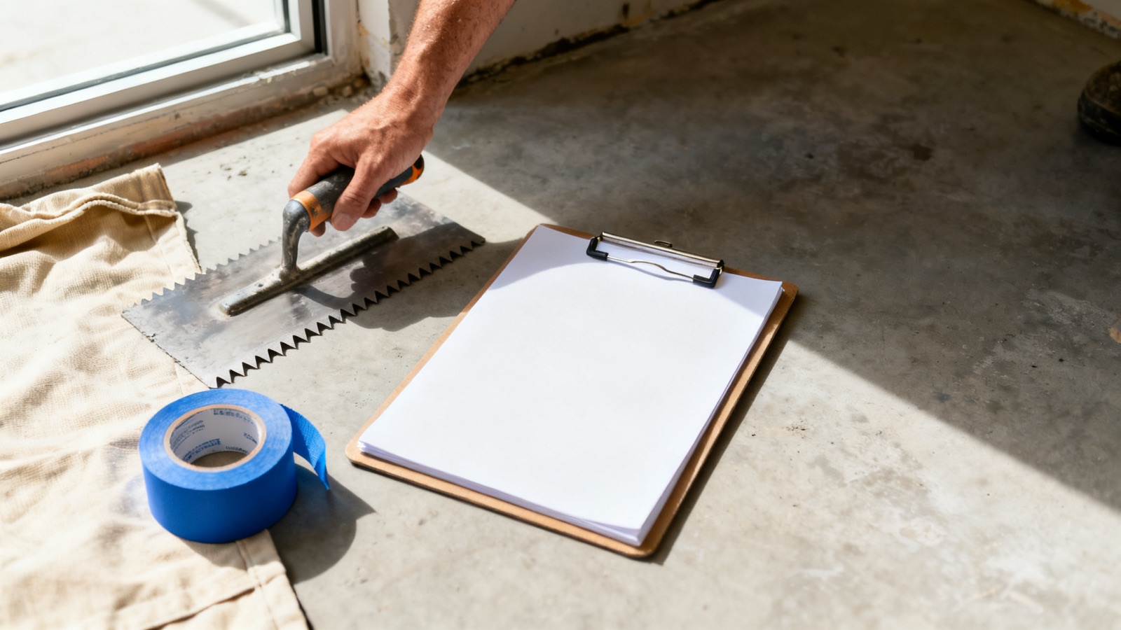 Tiling and waterproofing tools arranged beside a clipboard on a work site