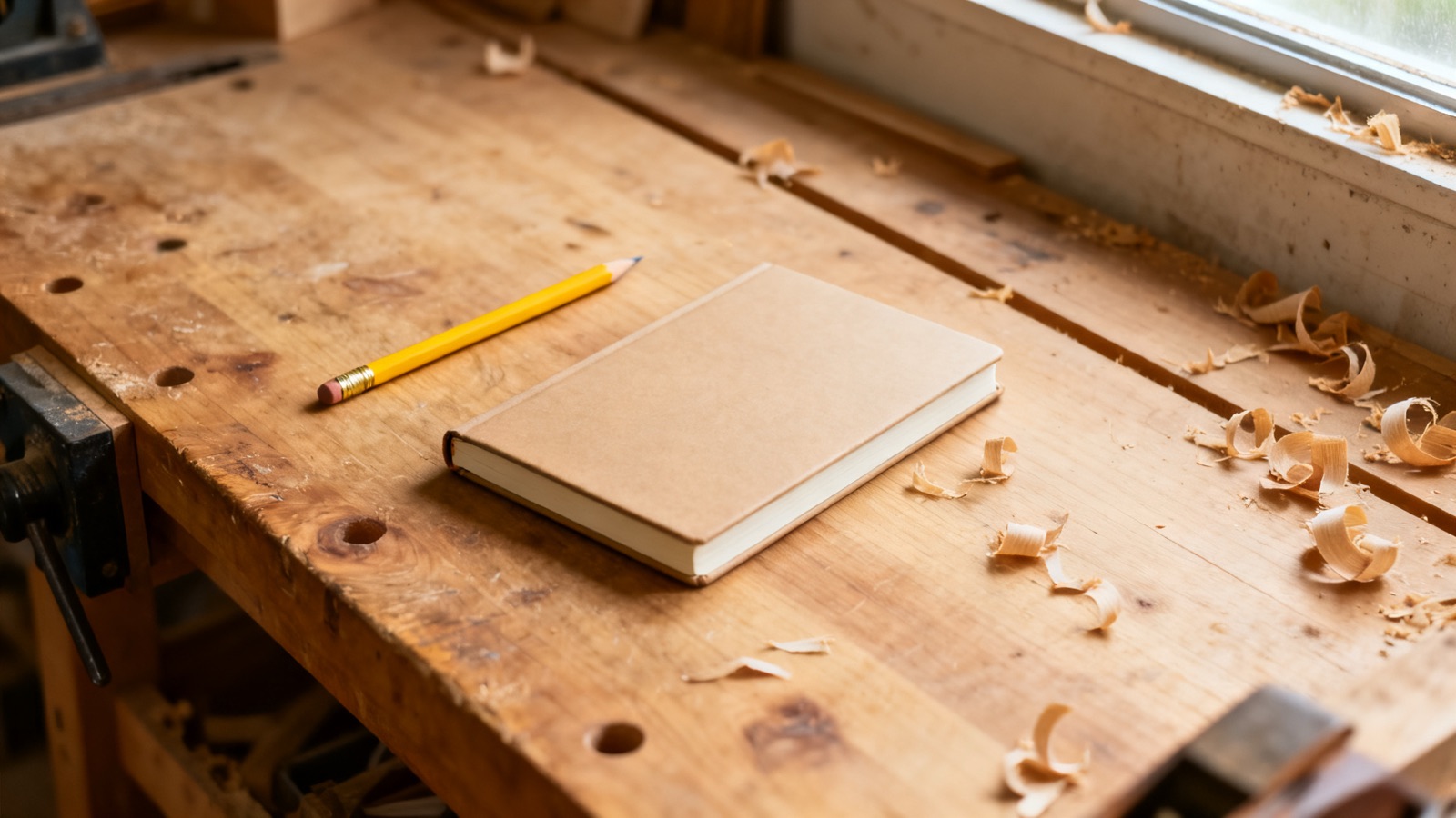 A clean workshop bench with a pencil and closed notebook seen from above