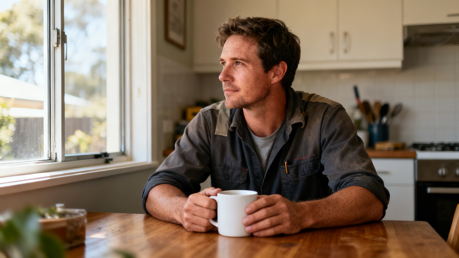 An Australian tradesperson reviewing paperwork at a kitchen bench in early morning light, terracotta roofs visible through the window