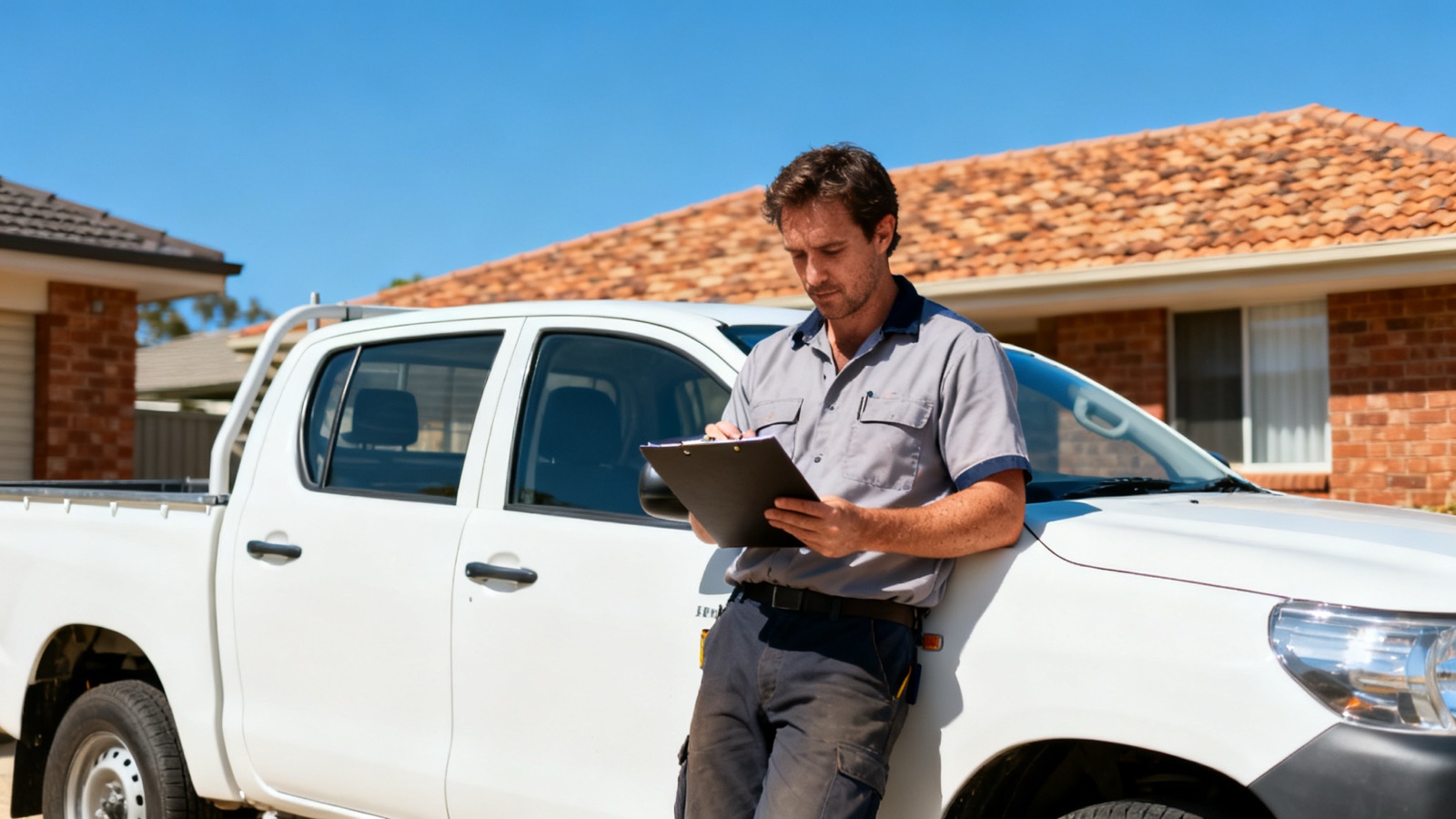 A tradesperson reviewing job details beside their ute in a suburban Australian driveway