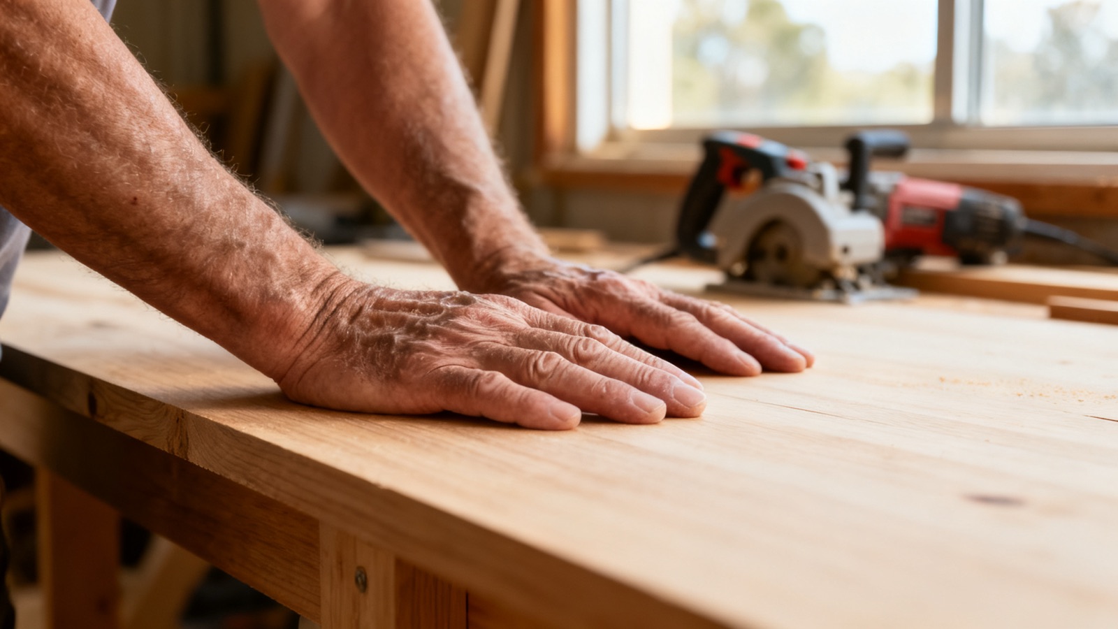 A tradesperson's hand writing figures on a plain notepad at a timber workbench