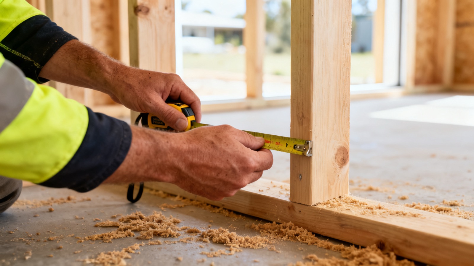 A builder measuring a timber stud on a house frame