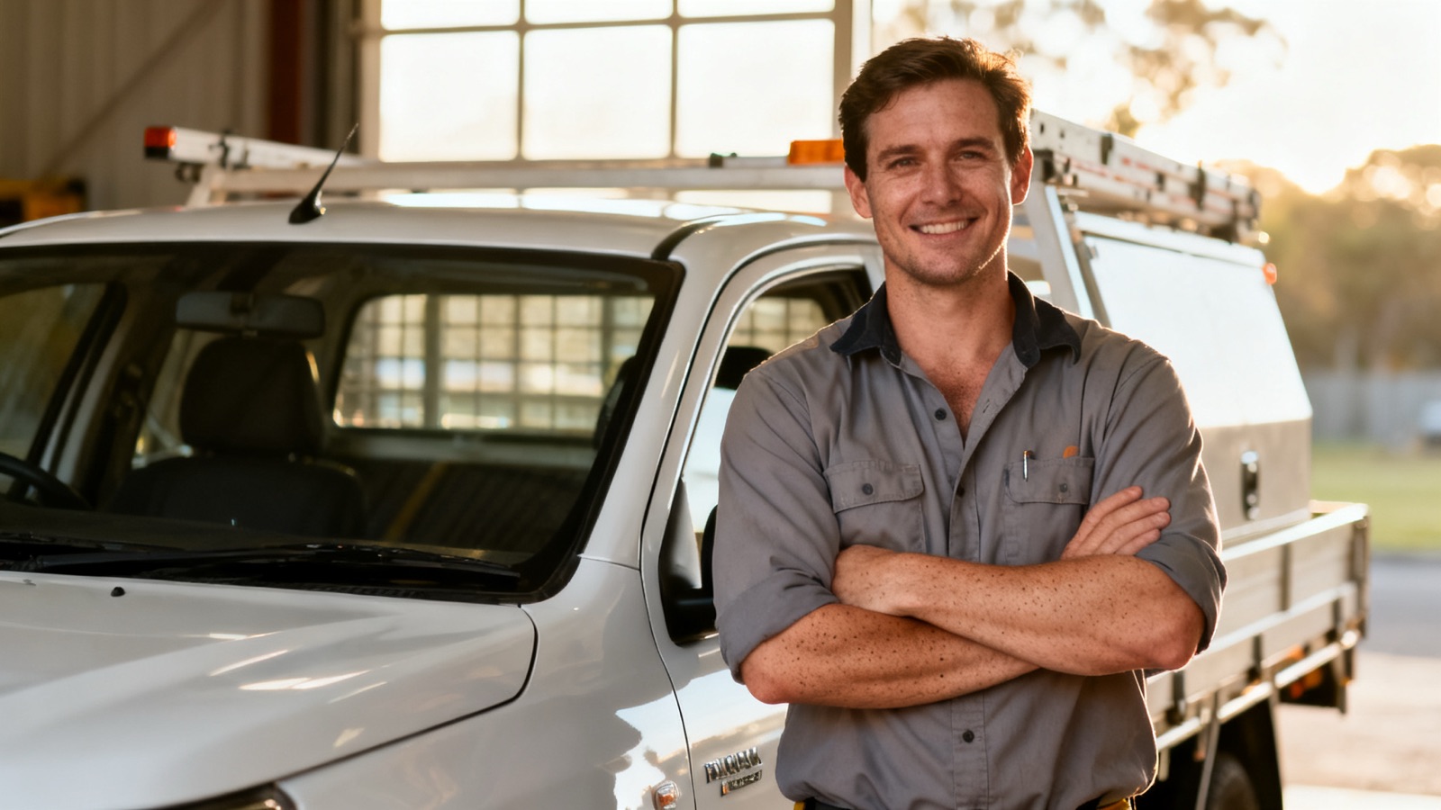 Australian builder standing next to a white ute at a building site at golden hour