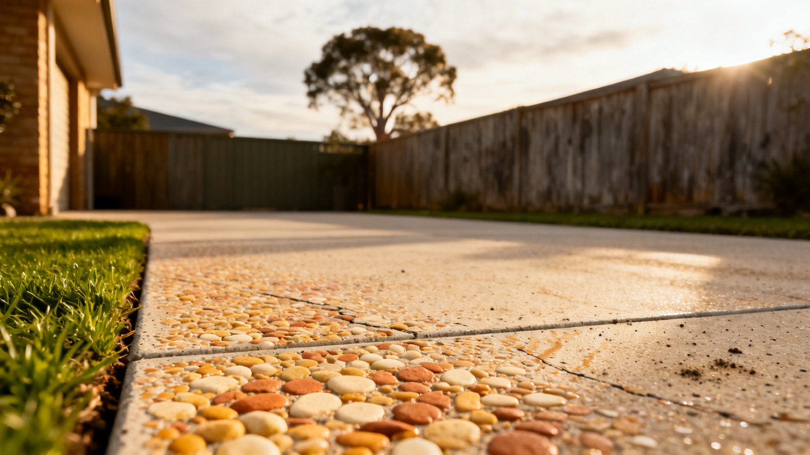 Finished exposed-aggregate concrete driveway with warm-toned pebbles