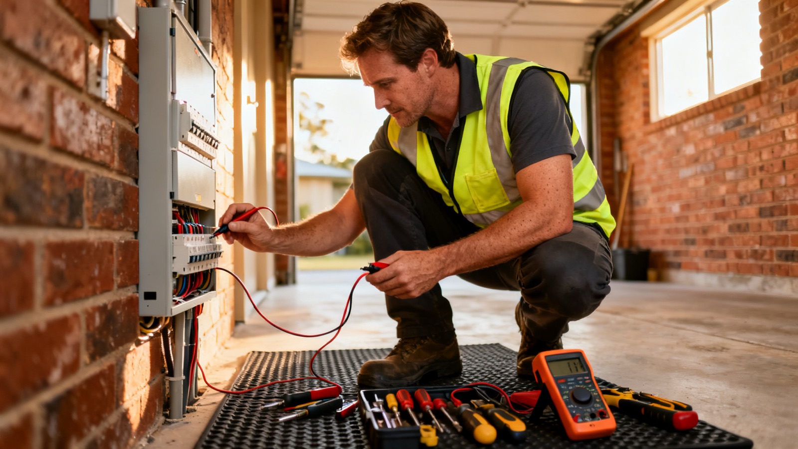 Electrician testing a residential switchboard in an Australian home garage