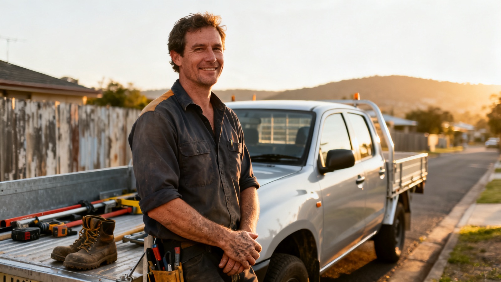 Australian electrician beside a white ute at golden hour in a suburban street