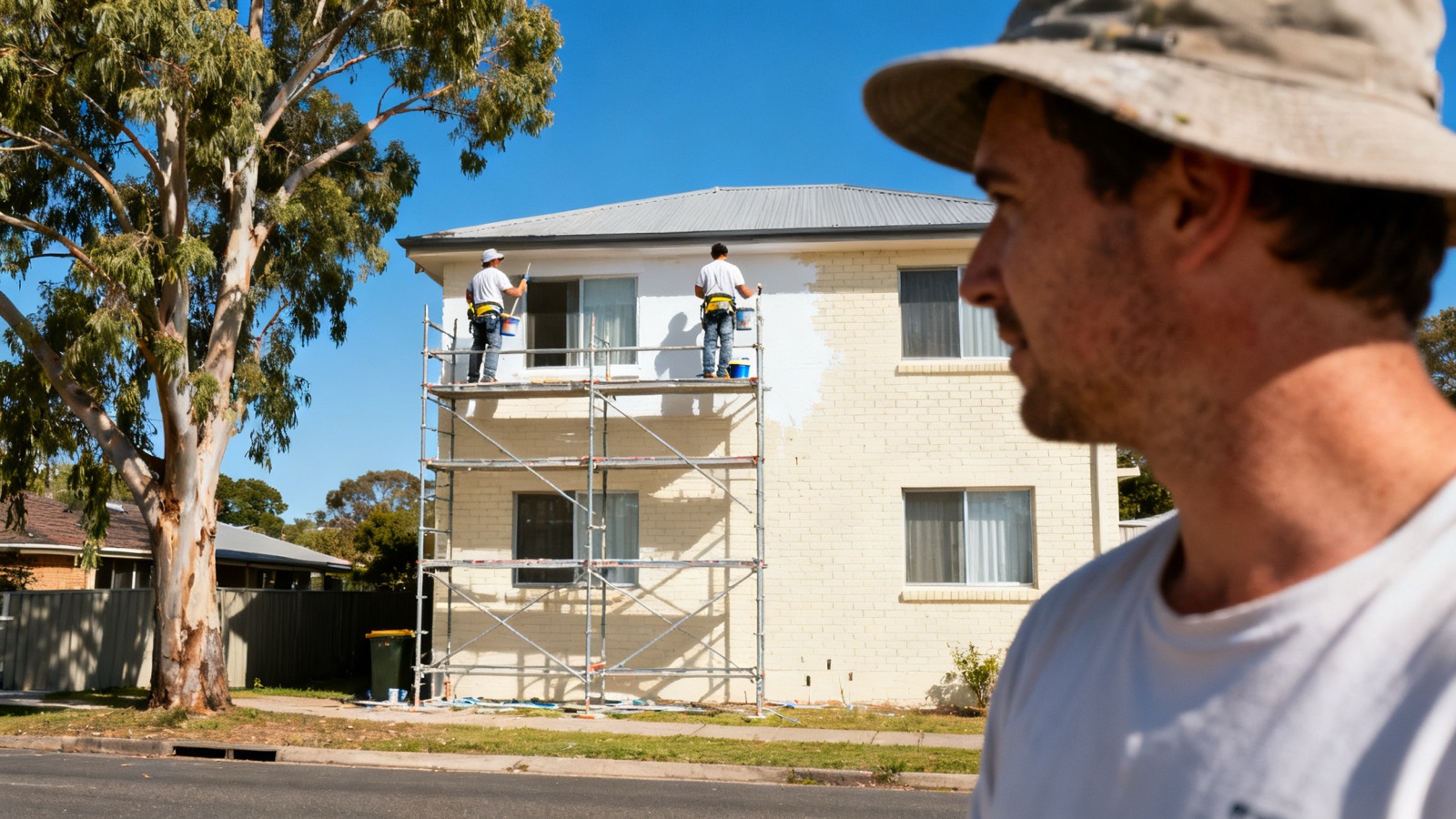 Painters on scaffolding repainting an Australian apartment block exterior