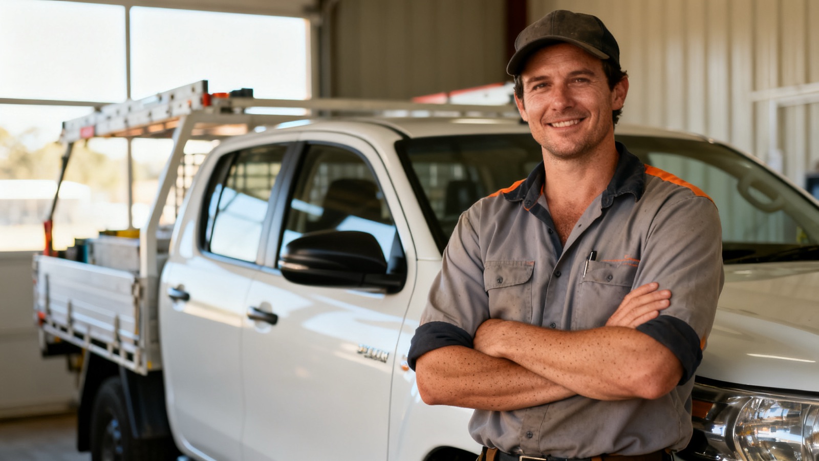 Australian tradesperson standing by a plain white work ute in a shed