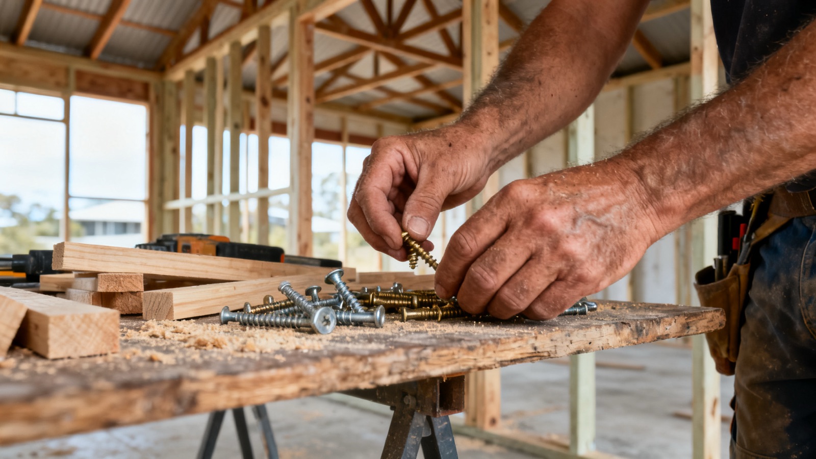 Carpentry hardware and fixings spread on a timber workbench inside a house frame