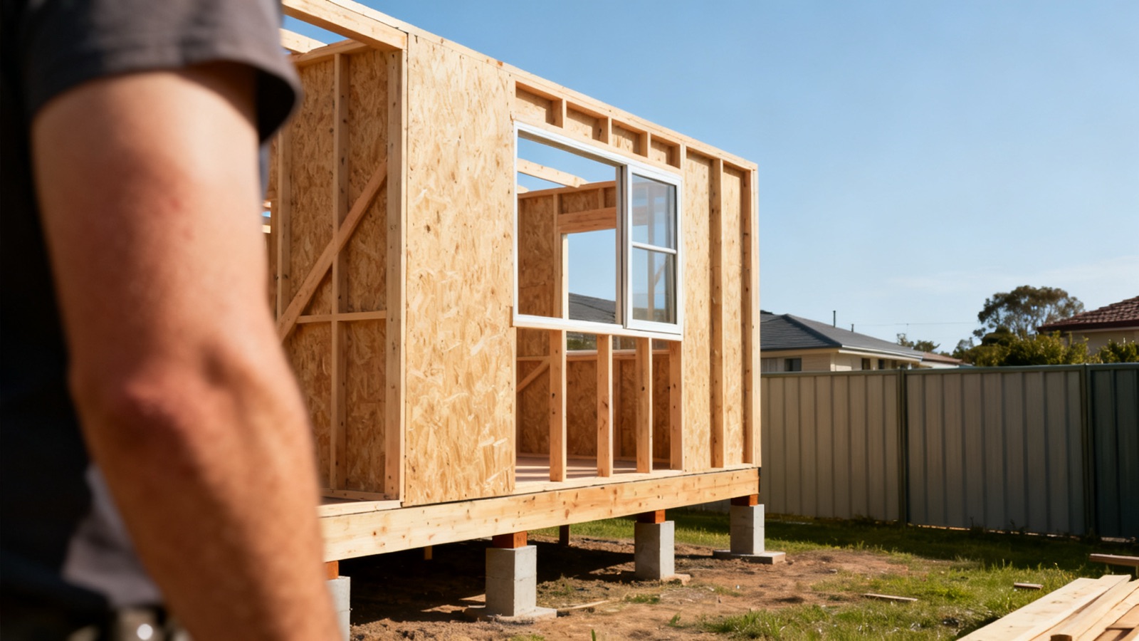 Timber framing and floor bearers under construction in an Australian suburban yard