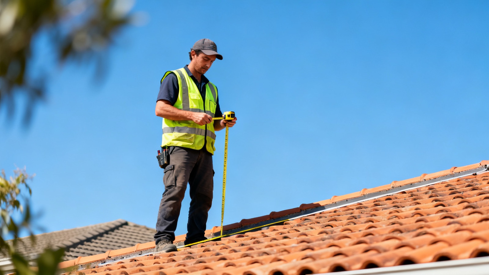 An Australian roofer measuring a terracotta tile roof during a site inspection