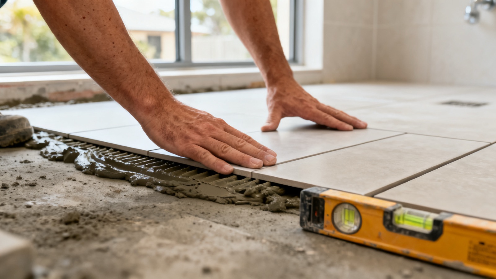 Tiler pressing a large-format floor tile into adhesive in an Australian bathroom
