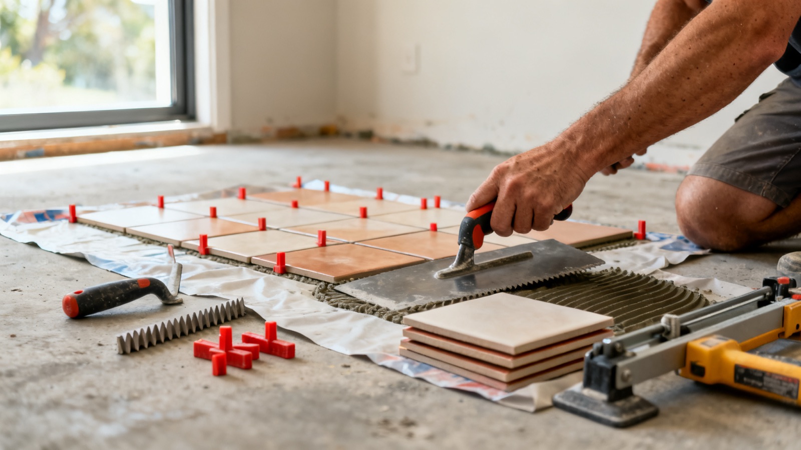 Tiling tools and materials arranged on a drop sheet