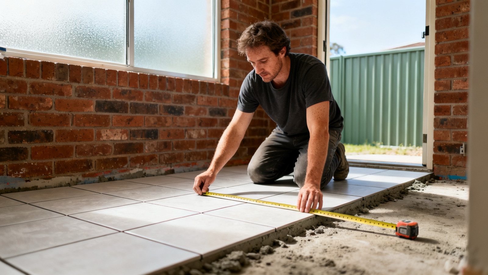 Tiler measuring an untiled section of a laundry floor in an Australian home