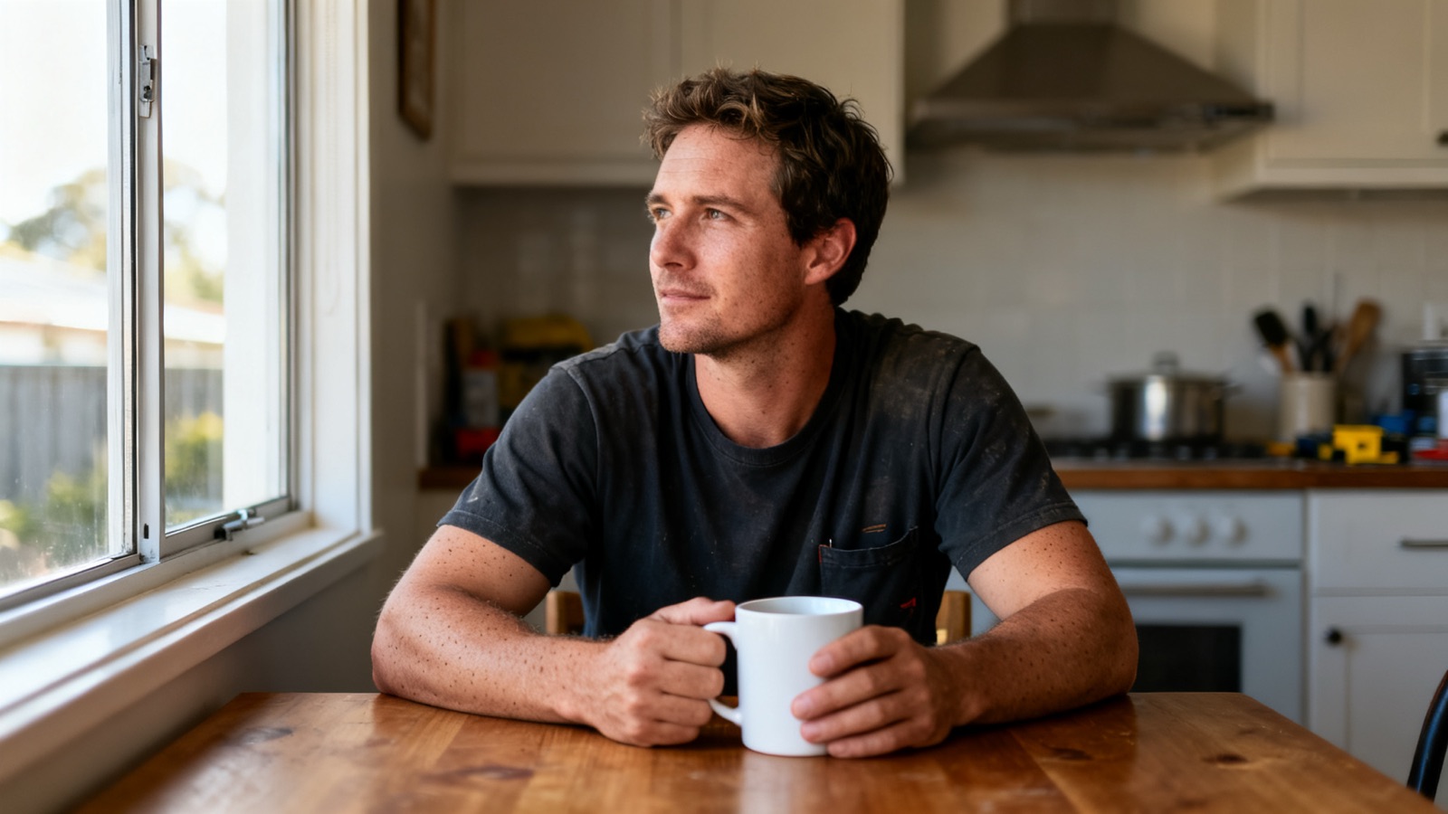 Tradie at a kitchen bench in an Australian home, planning the day