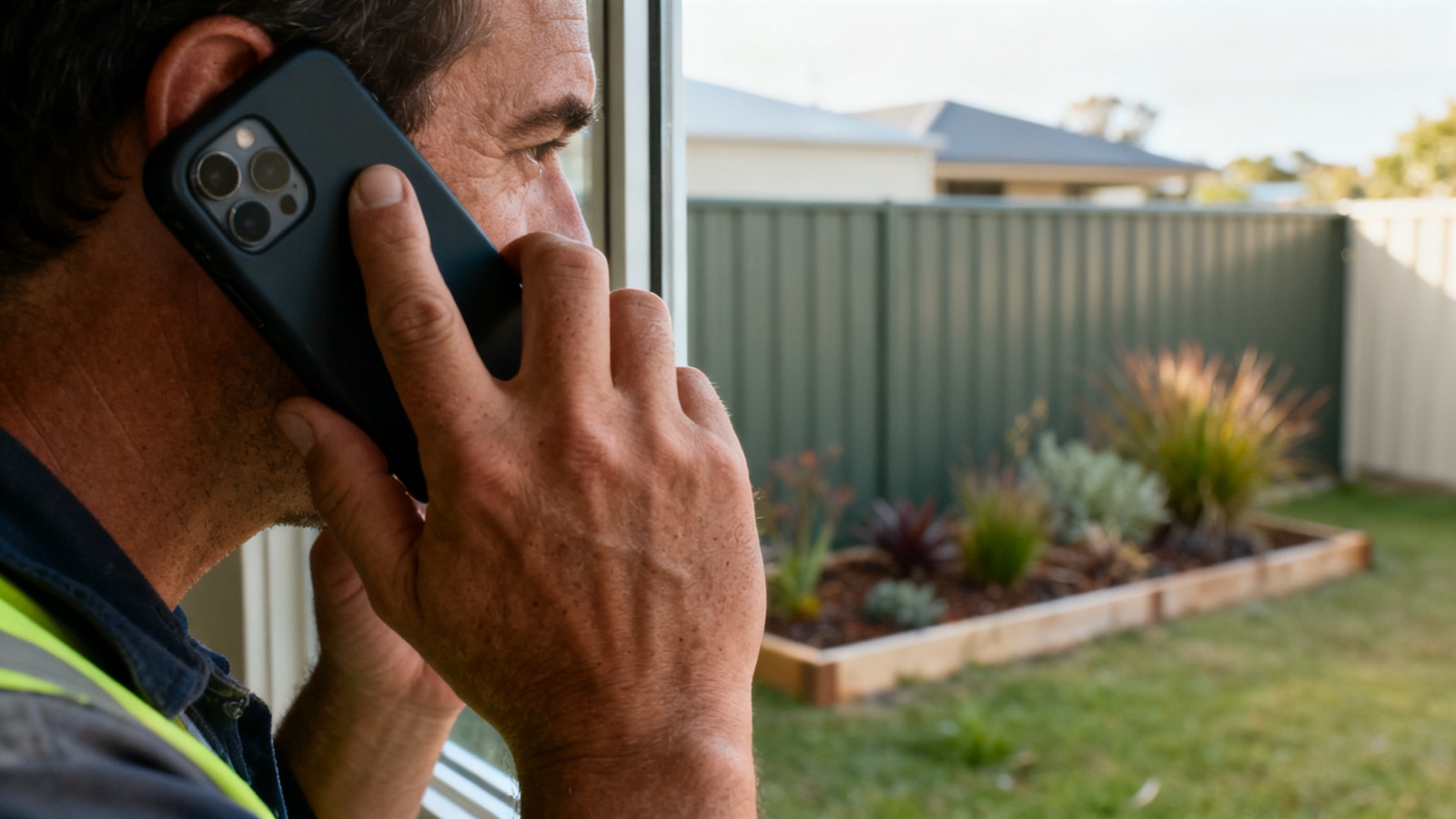 Tradie holding a phone in a suburban Australian front yard