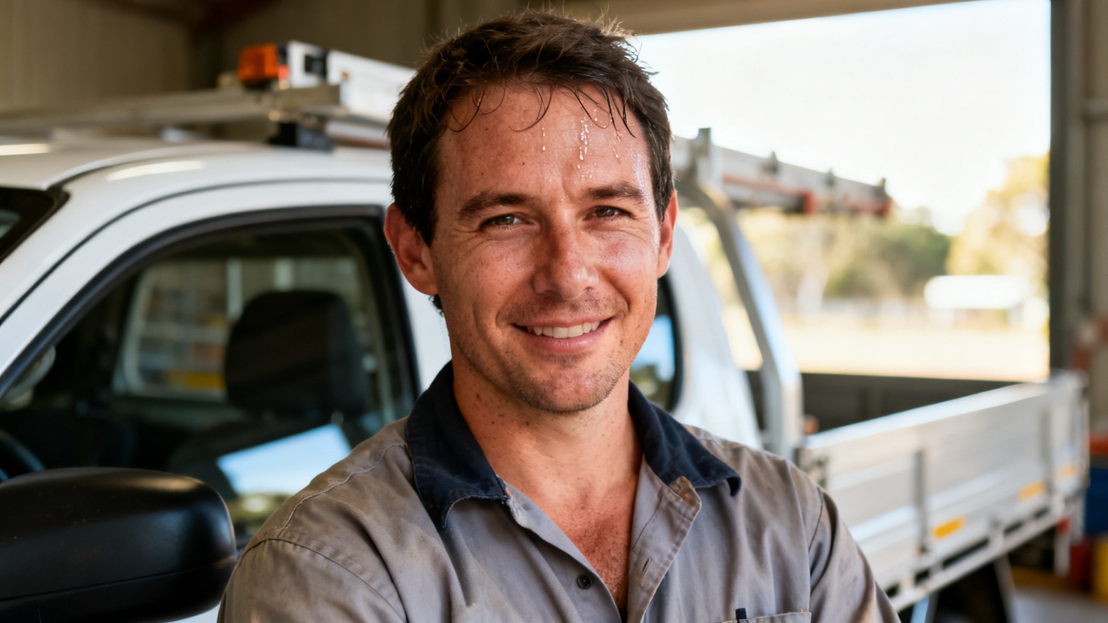 Australian HVAC tradesperson standing beside a plain white work ute in a shed