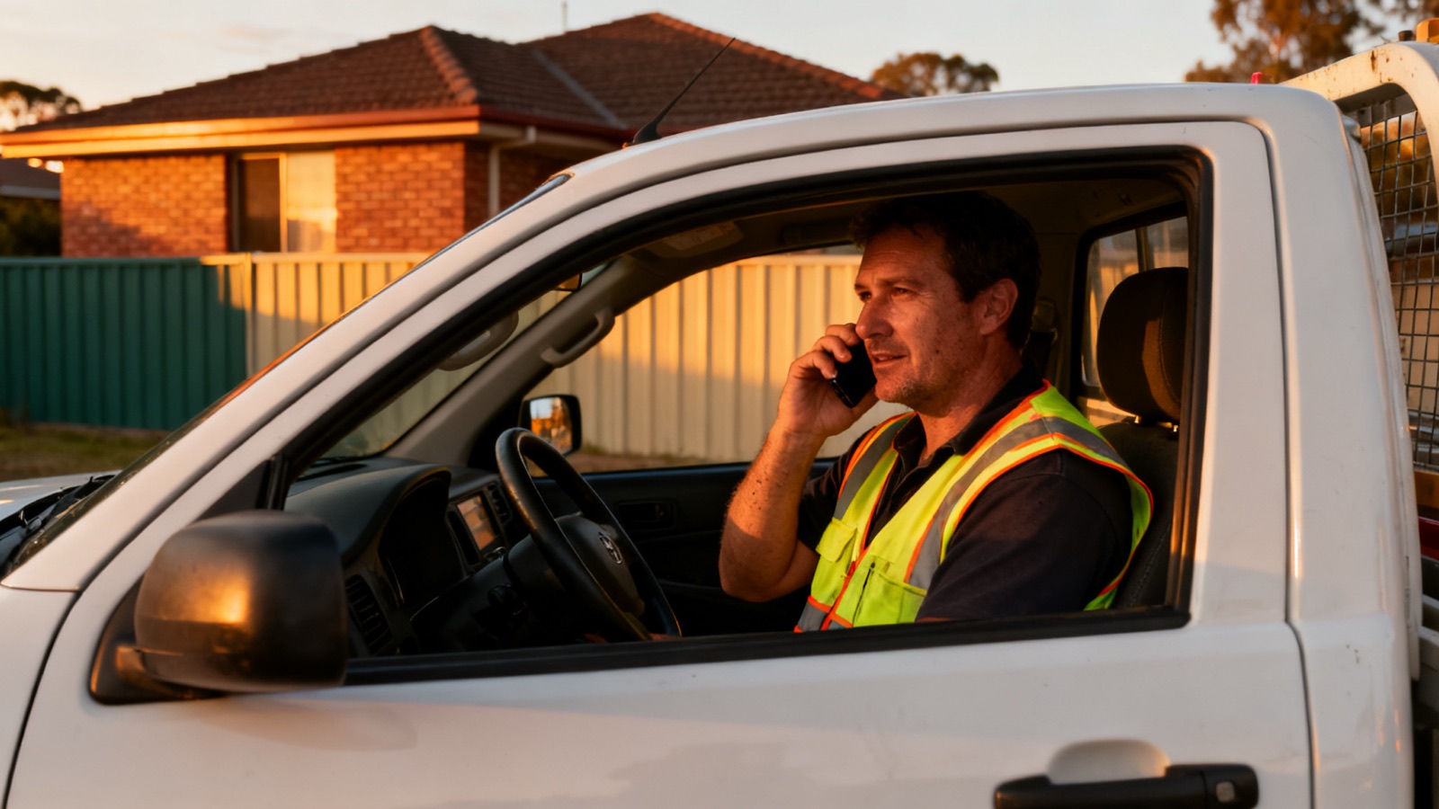 An Australian tradesperson in a hi-vis vest taking a phone call in their ute at dusk